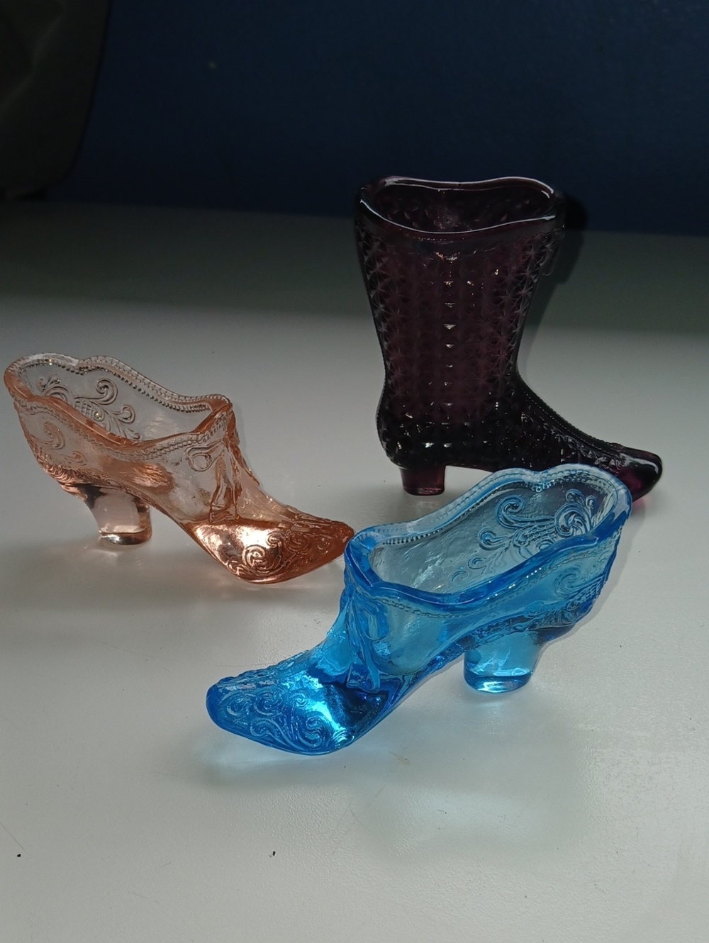 Vintage Fenton Art Glass Blue & Pink Slip Kitten Heel Slipper & Purple Boot